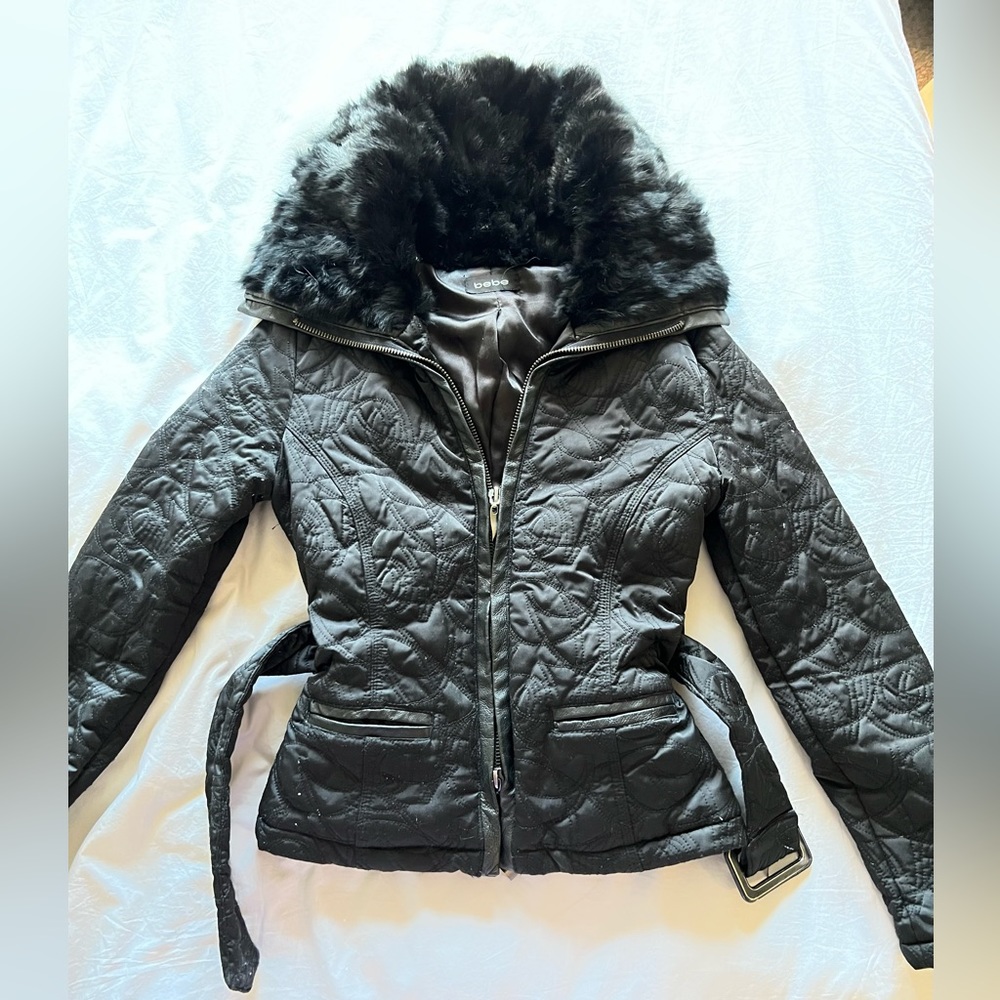 Black Rabbit Fur and Feather Bebe Jacket with Zippers